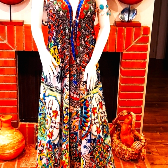 **LAST ONE**MANISH VAID Spanish Tiles Silk Emb. Prt. Hi-Lo Dress OS NWT - Picture 3 of 8